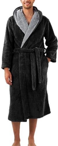 DAVID ARCHY Robe de Chambre Homme Polaire Velours Double Face Peignoir Long à Capuche Vêtements de Nuit Chaude Doucement Confortables Peignoirs de Bain Noir M