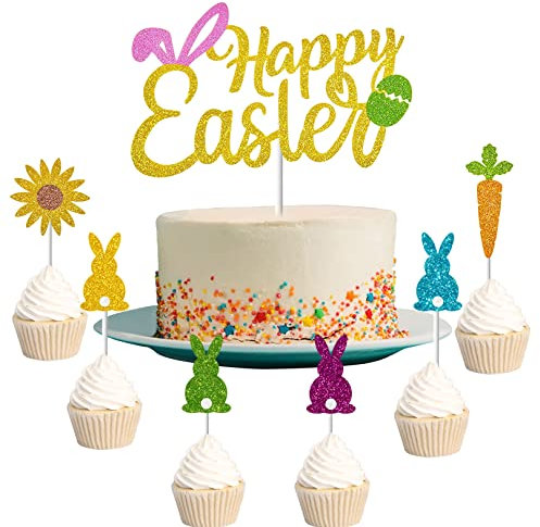 XULIN Easter Cake Decorations, 13pcs Gold Metallic Bunny Cupcake Toppers with Rabbit Ears, Carrot, Flower & Egg Designs for Easter Cupcakes, Cakes & Desserts