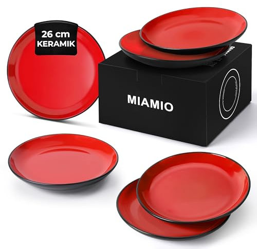 MIAMIO – 6 x Plate/Dinner Plate Set Stoneware Ceramic Tableware Set - Le Papillon Collection (Red, Big Plate)