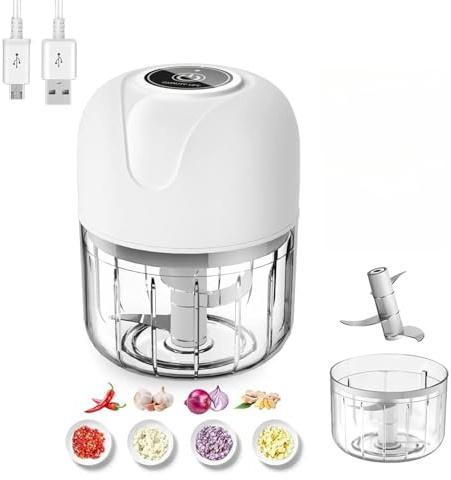 Electric Mini Food Chopper, 100ML+250ML Cups, Cordless Rechargeable Mini Onion Veg Cutter, Garlic Press Crusher, Portable Small Vegetable Processor for onion, garlic，Meat, Chili (White, 250ML)