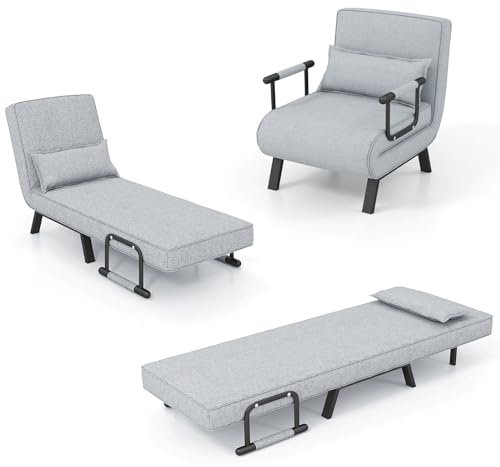 HOMASIS 4 in 1 Schlafsessel mit Bettfunktion, klappbares Schlafsofa mit Armlehnen, Klappsessel mit Verstellbarer Rückenlehne & abnehmbarem Kissen, Bettsessel Sofabett bis 150kg belastbar (Hellgrau)