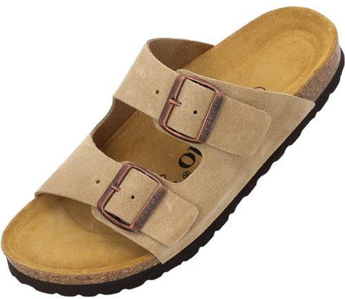 Palado Pantoletten Herren Korfu Premium Leather - gefertigt in Spanien - hochwertiges Leder - Veloursleder-Decksohle - bequemes Weichfußbett - EVA-Sohle Cappuccino UK9,5 - EU43