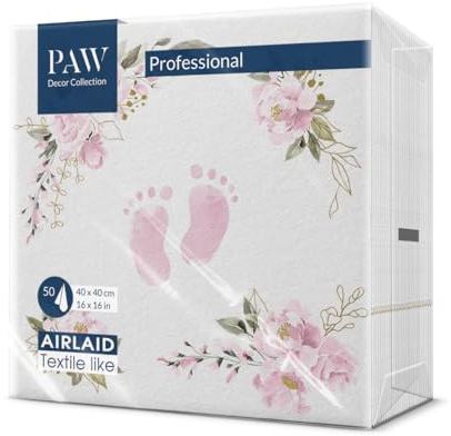 PAW - Airlaid servetter (40 x 40 cm) I 50 st I perfekt för bröllop, dop, nattvard, födelsedag I högkvalitativ bordsdekoration av tyg servetter, dammliknande I bebisfötter ljusrosa