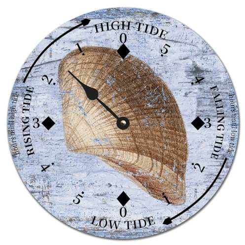 Yelolyio Horloge murale ronde sous-marine sur le thème de l'océan, horloge de marée lune, coquillages, horloge murale en bois avec décoration de marée haute et basse pour maison de plage, 38,1 x 38,1