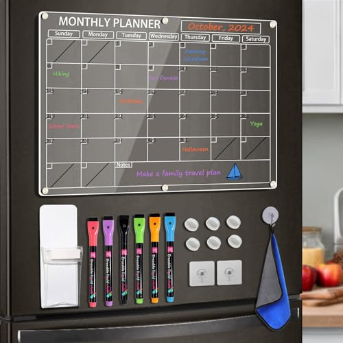 LISSCHANN Akryl magnetisk kalender för kylskåp, 40,6 x 30,5 cm transparent avtorkbar månadskalender planeringstavla för kylskåp, med 6 färgmarkörer, pennhållare och handduk