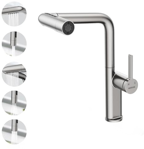HURRAN Miscelatore Cucina con Doccetta Estraibile, Rubinetto Lavello Cucina con 5 Modalità di Erogazione, Rubinetto Cucina Monocomando Girevole a 360°, Nichel Spazzolato