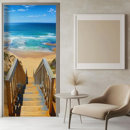 Adesivo Porta Scale Sulla Spiaggia Con Vista Mare 77x200 cm Blu 3D Adesivi per porte Stacca e attacca - Carta da parati autoadesiva per pareti e porte poster per la camera da letto e il soggiorno