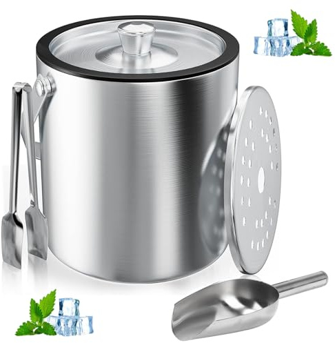 Secchiello Ghiaccio, Secchiello per ghiaccio Rotondo con Pinze per Ghiaccio, Contenitore per Cubetti di Ghiaccio da 3 Litri, Secchiello per Ghiaccio a Doppia Parete Isolato in Acciaio Inox con Paletta