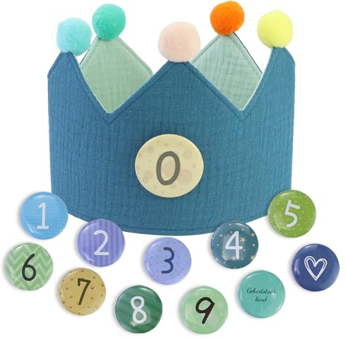 Copricapo di compleanno per bambini, cappellini festa compleanno bambini, copricapo compleanno, tessuto, blu, con 1 montatura per occhiali di compleanno, numeri intercambiabili 0-9, per anniversario,