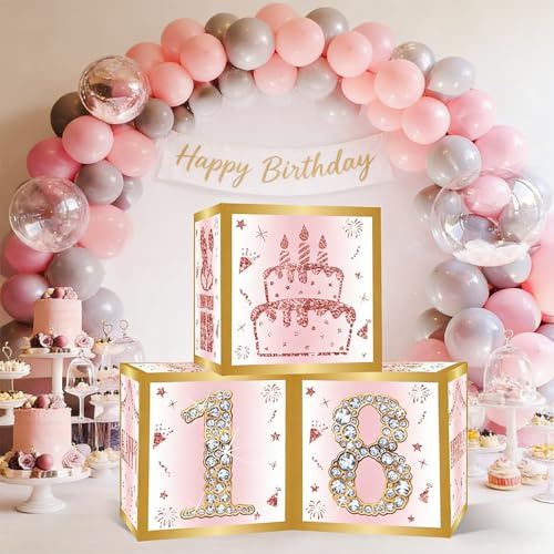 3 scatole decorative per il 18° compleanno per ragazze, colore oro rosa e oro rosa, scatole per palloncini per 18° compleanno, forniture per feste di 18 anni, decorazioni da tavola in cartone a tema