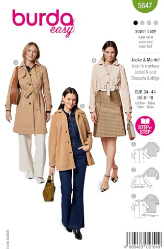 burda Easy 5647 - Patrones de costura para confeccionar abrigos y chaquetas cortas de papel para mujer (talla 34-44)