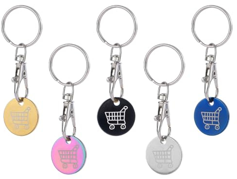 YFTRFR 5 Pcs Coin Token Keychains, Durable Practical Stainless Steel with Key Ring and Easy Access Reusable for Trolleys, Lockers, Gym and Shopping Mall, Supermarkets Carts(5 Color)
