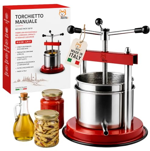 Akitaink Torchietto Manuale da Cucina 12 cm 1,75 L, Pressa con Bicchiere e Filtro in Acciaio Inox per Sottolio, Sottaceto, Carne e Frutta