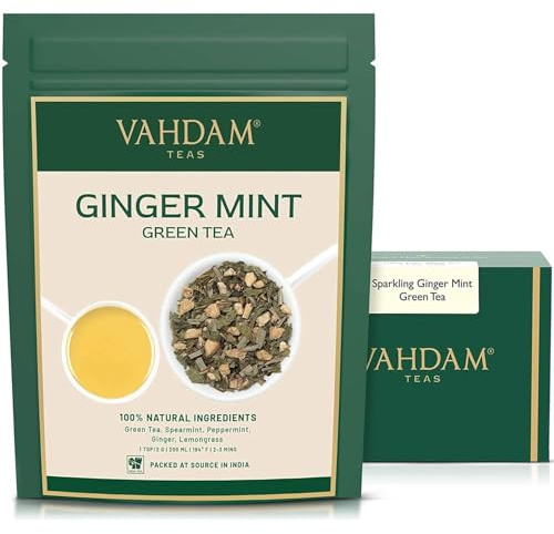 VAHDAM, Ginger Mint Green Tea Loose Leaf | 100g (50+ Cups) | Blend of Ginger & Mint | High-Elevation Green Tea | Vacuum Sealed