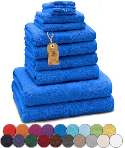 GREEN MARK Textilien 10 TLG. FROTTIER Handtuch-Set mit verschiedenen Größen 4X Handtücher, 2X Duschtücher, 2X Gästetücher, 2X Waschhandschuhe | Farbe: Royal blau | Premium Qualität