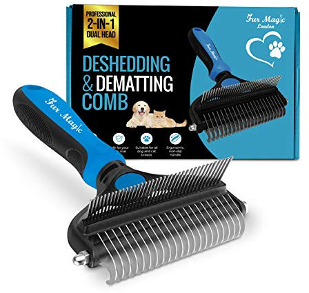 Fur Magic Deshedding and Dematting Comb Double Sided Undercoat Rake Pet Grooming Brush Removing Mats, Knots & Tangles for Dogs and Cats with Long and Medium Hair, Blue