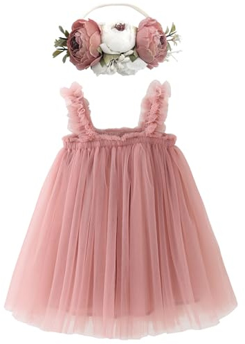 BGFKS Layered Tulle Tutu Dress for Toddler Girls,Baby Girl Rainbow Tutu Princess Skirt Set with Flower Headband.(Dusty Rose,18 Months)