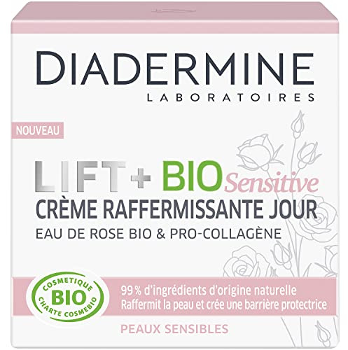 Diadermine Lift Plus BIO Sensitive – uppstramande dagkräm – ansiktsvård – känslig hud – ekologiskt rosenvatten och Pro collage – 50 ml burk