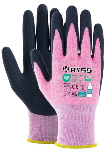 KAYGO Latexbelagda arbetshandskar för kvinnor, andas, 3 par återvunna trädgårdshandskar i polyester, miljövänliga arbetshandskar för damer, KGE19L (rosa, stor)