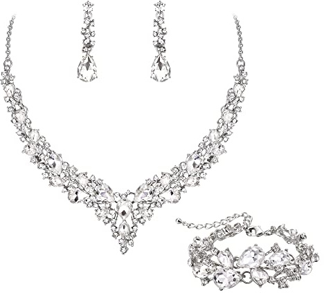 Ever Faith Wedding Bridal Jewellery Sets for Women | Sparkly Rhinestone Crystal, Floral Teardrop Cluster Statement, Necklace Dangle Drop Earrings Bracelet Set 3 Pcs