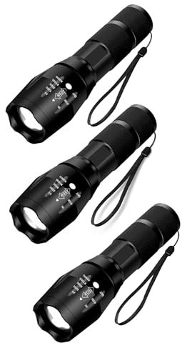 XML T6 LED Battery Powered ZOOM Torch, Super Bright 2000 Lumen Tactical Torch, Hand Flashlight, Adjustable Focus, Waterproof Small Mini Pocket Torch, Strobe SOS Safety Function (Pack of Three Torches)