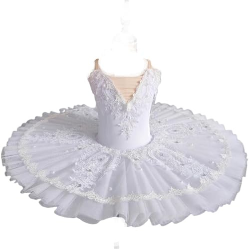 OTMYIGO Tutu di Balletto Professionale per Ragazze, Piatto da Pancake, Tutu, Ballerina, Vestito da Festa, Costume da Competizione per Balletto per Bambini,Bianca,140