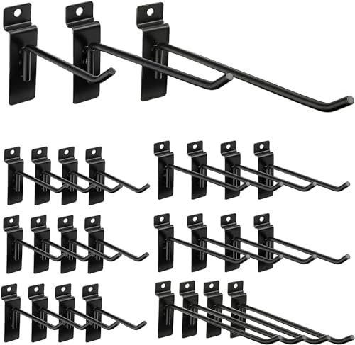 KAHEIGN Lot de 24 crochets robustes pour mur à lattes - 10 cm/15 cm/20 cm - Crochets pour panneau mural - Crochets pour panneau perforé - Pour garage, stockage, magasin, vente au détail - Noir - 3