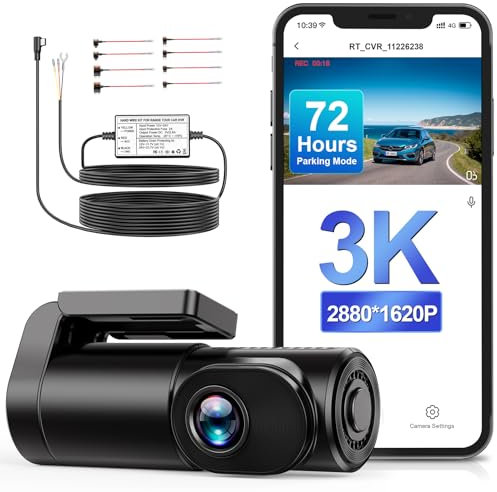 Range Tour Dash Cam 3K Telecamera anteriore WiFi per auto con kit cablato a 3 core per monitor di parcheggio 72 ore, registratore di guida con display da 0,96, controllo APP, HDR 2.0