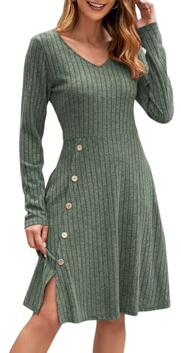 Adigaber Robe col en V à Manches Longues Tunique avec Boutons sur Le côté et Poches