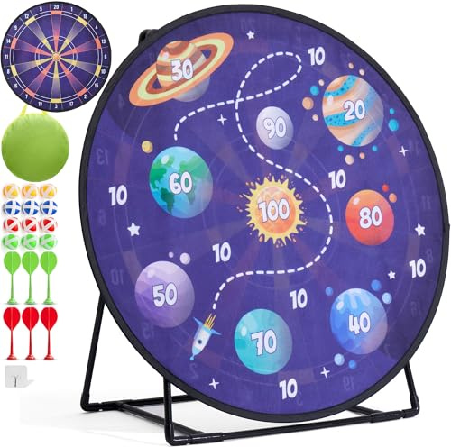 Cheerful Children Toys Jumbo Kids Dart Board XL or XXL, Dart Board Set for Kids - Reversible Design, Sturdy Stand, 12 Sticky Balls & 6 Darts, Indoor/Outdoor Games Ages 3-8 (Space, 73cm)