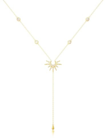 Moguri Élégant Collier en Y en or 14 carats avec pendentif en forme de soleil, bijoux boho pour femme, pour l'été, style boho, L, Or, L