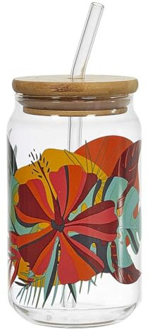 HOME DECO FACTORY, KA0466, Canette et Paille en Verre Design Tropical Paradis Exotique, 45 cl, idéale pour Cocktails et jus, Durable et élégante, Multicolore, Transparent