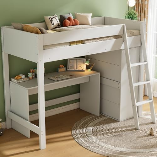 Kayan Kinderbett 90x200 cm, Hochbett mit Leiter, Schreibtisch und Kleiderschrank, Funktionsbett Kinderhochbett Jugendhochbett mit Rausfallschutz & Lattenrost, Weiß