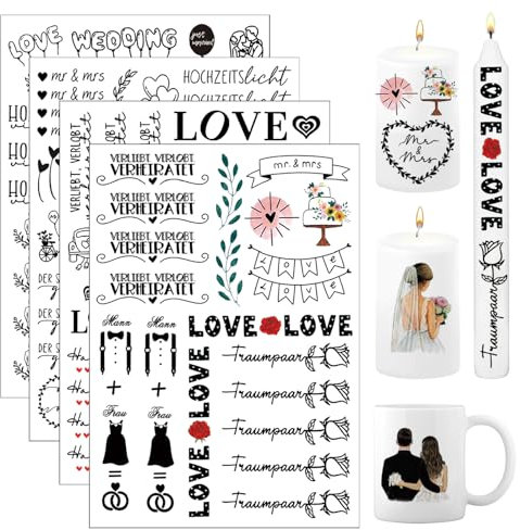 4 Stück A5 Kerzentattoo Hochzeit, Hochzeits Kerzenfolie, Hochzeiten Kerzenaufkleber, DIY Hochzeits Kerzen Tattoo, Hochzeit Kerzendekoration Tattoo, Zur Kerzendekoration auf Hochzeiten