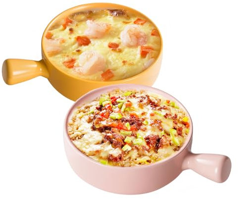 ukfisy Lasagne Dish,2 pcs Round Individual Baking Dishes with Handle,Small Ceramic Oven to Table Ideal for Lasagne Pie Casserole Tapas (Yellow+Pink)