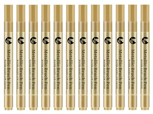 Omeblos 12 Pcs Acrylic Paint Pens, Gold Pen Metallic, Quick Dry Waterproof, Metallic Marker Pens for Rock Painting Stone Glass Ceramic Wood Metal Fine Water Based Acrylic Markers