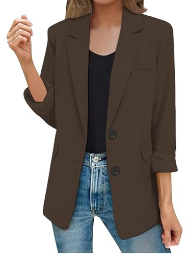 AMDOLE Blazers for Women UK Elegant Long Sleeve Blazer Jacket With Pocket Ladies Fashion Solid Color Office Button Blazers Cardigans Casual Lapel Collar Work Business Suit Jacket Coffee M