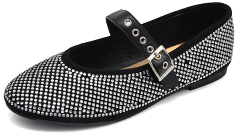Mary Jane Ballerine Scarpe da Donna con Cinturino Strass e Brillantini Punta Tonda in Pelle Sintetica 2598 Nero N.40