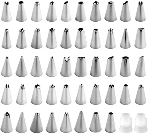 Set di 50 beccucci per torte in acciaio inox, Bocchette Decorative, Beccuccio per Decorare Torte, 48 diversi modelli e 2 frizioni in plastica, riutilizzabili, accessori per decorare torte
