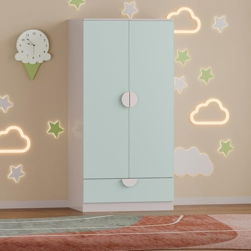[en.casa] Armadietto Guardaroba per Cameretta Bambini con Appendiabiti e Cassetto Mobile a Misura di Bimbi per Vestiti e Giocattoli 123x60x40 cm Menta Verde