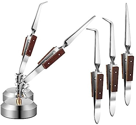 Puthernm Set di 5 Pinzette per Saldatura + Base di Rotazione A 360° per Creazione di Gioielli, Saldatura, Riparazione