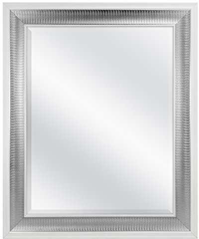 MCS 28.5x34.5 Large Wall Mirror, White Frame with Woven Silver Detail & Beveled Detail Mirror, Vertical & Horizontal Wall Hanging Mirror for Bathroom, Bedroom & Livingroom
