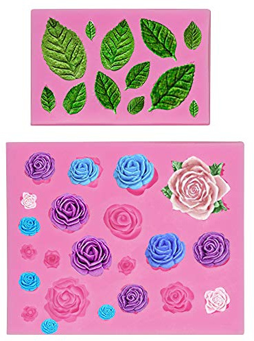 Mity rain Roses Collection Fondant Mold-Rose Flower and Leaves Shapes Silicone Mold for Sugarcraft Cake Decoration, Cupcake Topper, Polymer Clay, Candy, Chocolate, Soap Wax Making Crafting Projects
