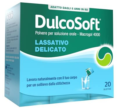 DulcoSoft Lassativo con Macrogol, Rimedi Stitichezza Adulti e Bambini - Senza Glutine, Senza Zucchero - Lassativo Delicato per Irregolarità Intestinale, Stipsi (20 Bustine)