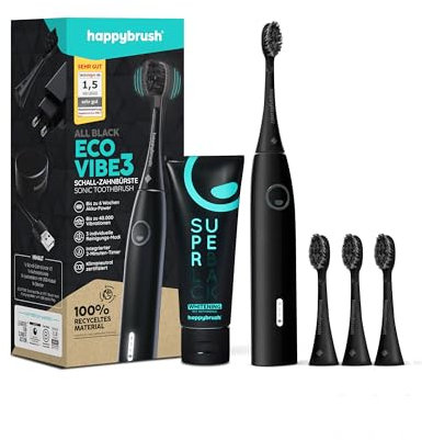 happybrush [Testsieger*] Elektrische Zahnbürste ECO VIBE 3 Schwarz - Schallzahnbürste mit 6 Wochen Power-Akku inkl. 3 Aufsteckbürsten, Aktivkohle Zahnpasta, von Zahnexperten empfohlen