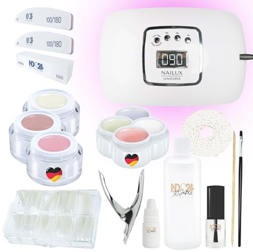 ND24 NailDesign® Gelnägel Starter Set Premium mit LED Haftgel, Aufbaugel, Frenchgel, Versiegelungsgel, LED-Lampe & Zubehör + MakeUp - Gelnägel Set - Anfänger geeignet – LED Gele Made in Germany