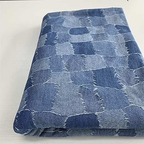 Yimihua Jeansstoff zum nahen meterware Baumwollstoffe gewaschener Jeansstoff Patch-Gitter 170 cm breit Jacquard zum Nähen von Hosen, Jacken, Dekorationen(Color:hellblau)