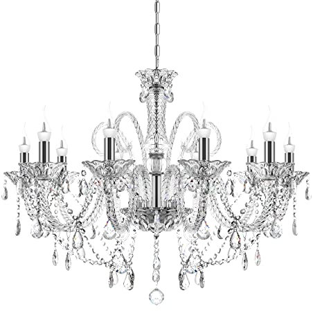 TRY-YEAN Lustre Cristal 10 Bars Luxueux Lustre Transparent Cristal K9 Lustre Baroque Pampille Suspension Lampe de Plafond avec Chaîne Réglable pour Chambre, Salon, Salle à Manger, Restaurant, E14