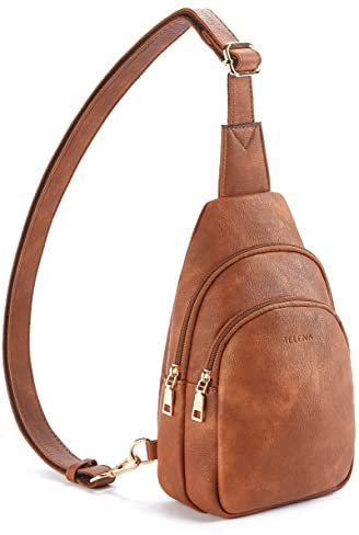 Telena Sling Bag Brusttasche, Crossbody Umhängetasche Damen PU Leder Sport Schultertasche Klein Bauchtasche Stylisch, Braun