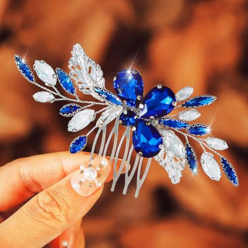 IYOU Pettine per capelli da sposa in cristallo blu copricapo strass accessori per capelli da ballo sposa pettini laterali per le donne